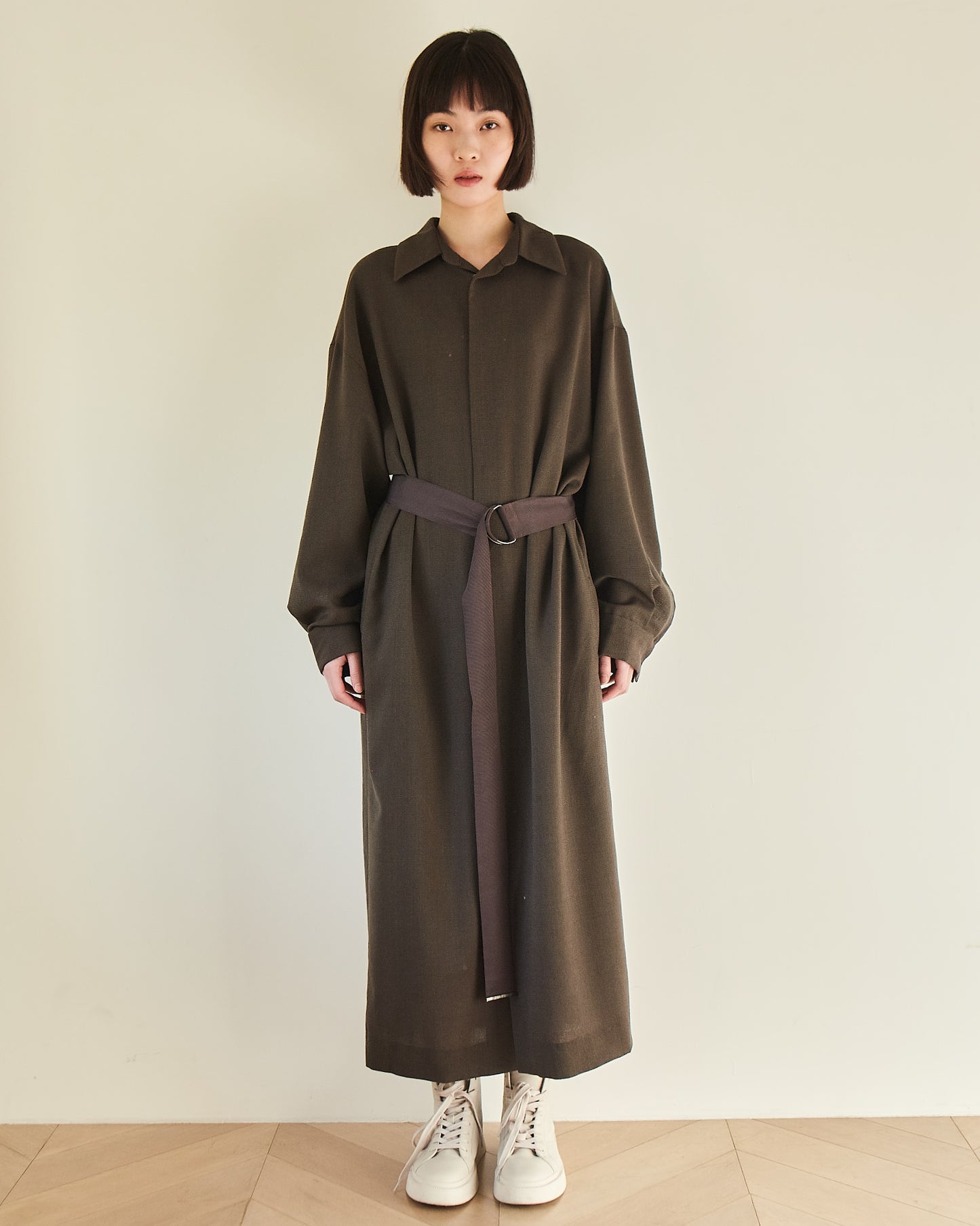 24AW BLOUSED SHIRT DRESS /HARD TWISTED WOOL MESH