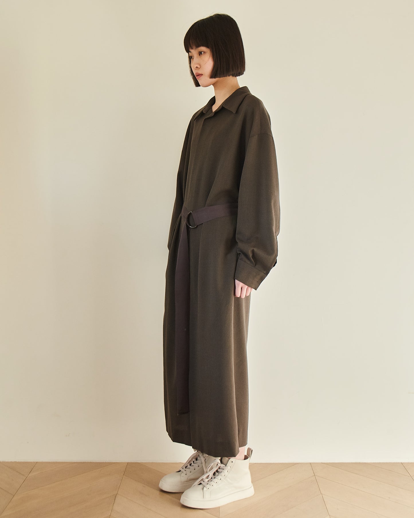 24AW BLOUSED SHIRT DRESS /HARD TWISTED WOOL MESH